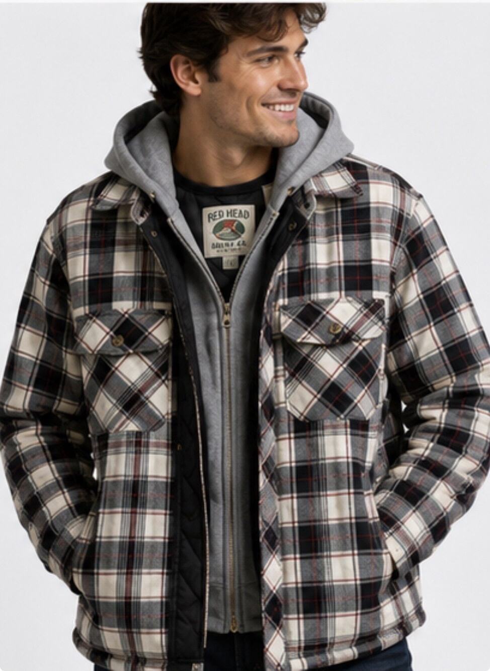 RedHead Hooded Plaid Flannel Jacket Sherpa Lined Gray Mens Small Heavy Coat